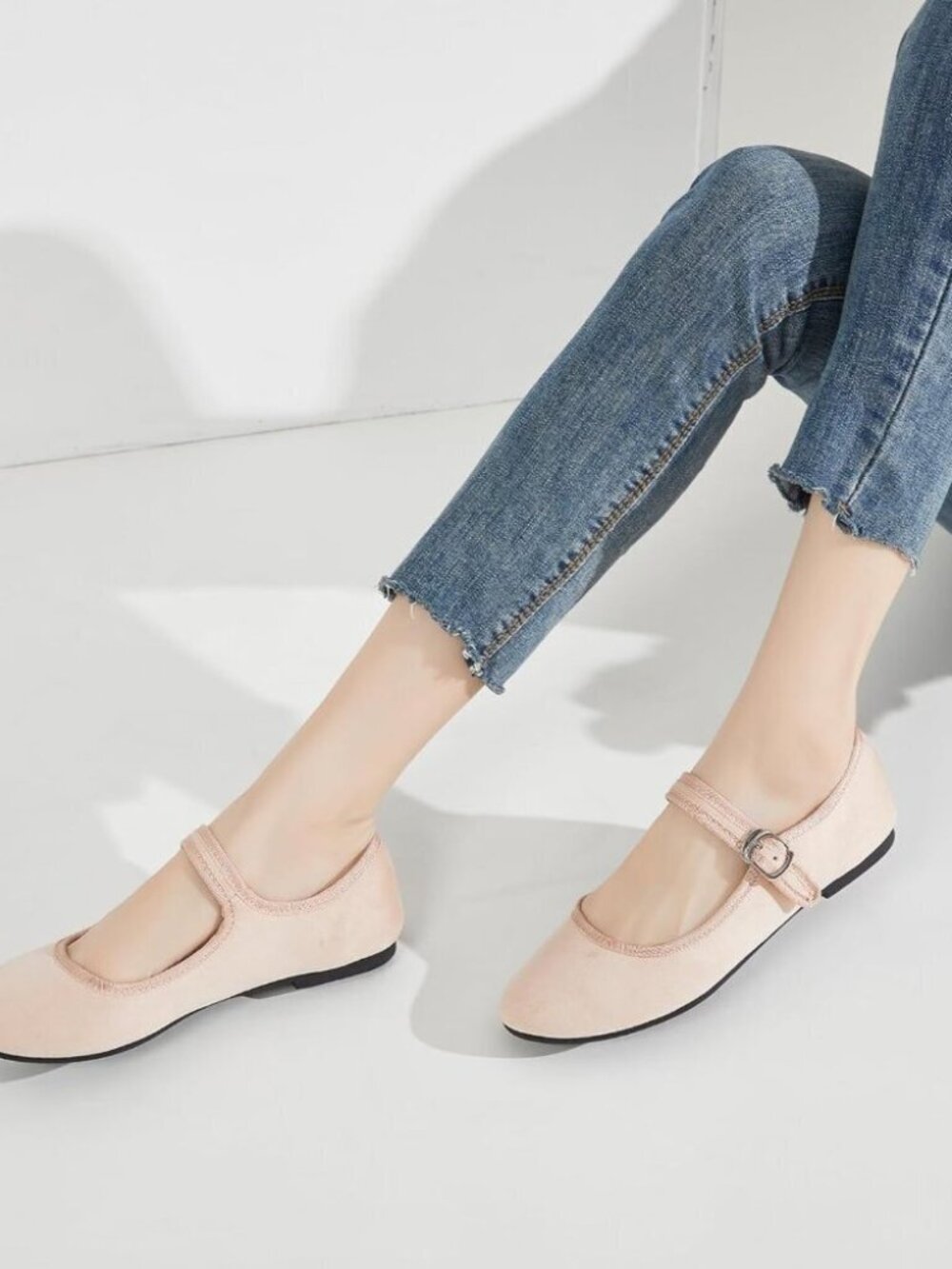 Babudog Womens Nude Faux Suede Rounded Toe Mary Jane Ballets Flats with Strap - Picture 7 of 9